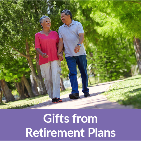 A couple walking on a trail. Gifts of Retirement Plans Rollover A couple walking on a trail. Gifts of Retirement Plans Rollover